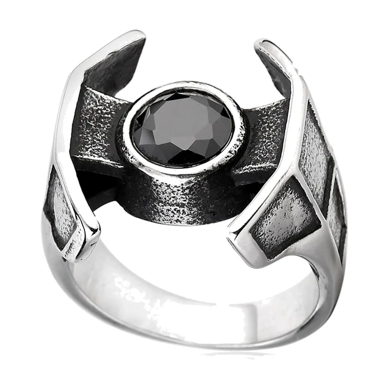 Bague Style Viking avec Zirconia Noir, Acier Inoxydable
