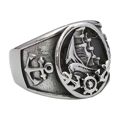 Anillo Sello Náutico con Brújula Vikinga y Barco, Acero Inoxidable
