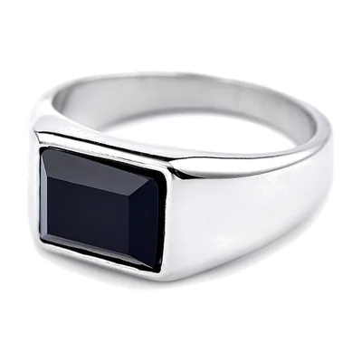 Anillo Sello Cuadrado con Piedra Negra, Acero Inoxidable