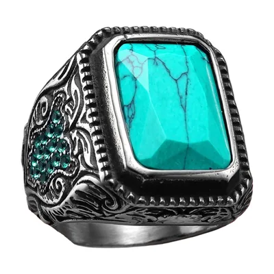 Anillo Sello Cuadrado con Turquesa y Circonita, Acero Inoxidable