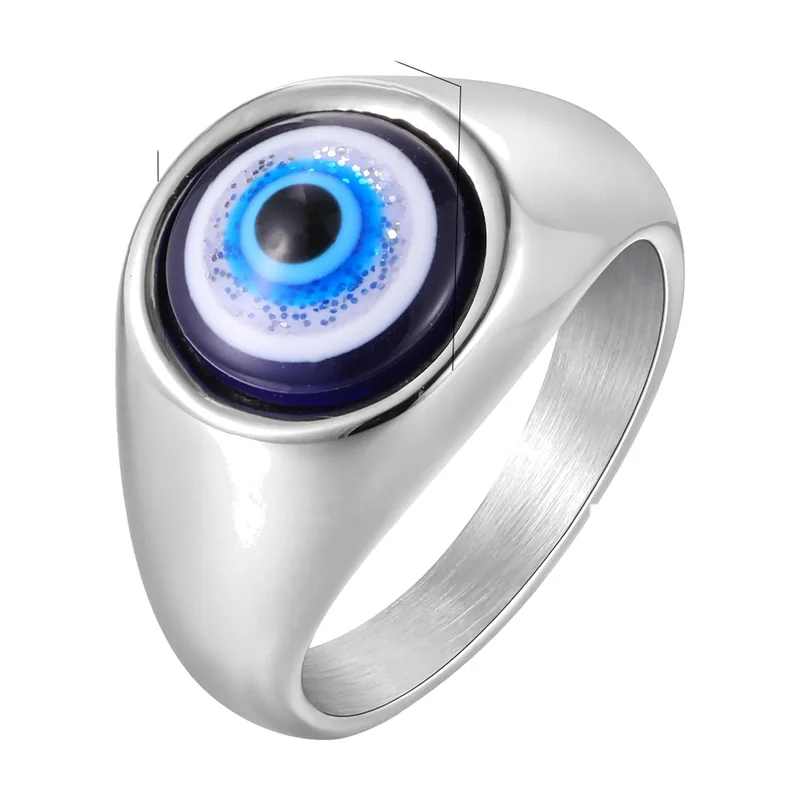 Anillo Sello con Ojo Turco Azul, Acero Inoxidable