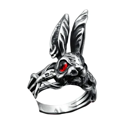 Anillo de Cabeza de Conejo con Piedras Rojas, Acero Inoxidable