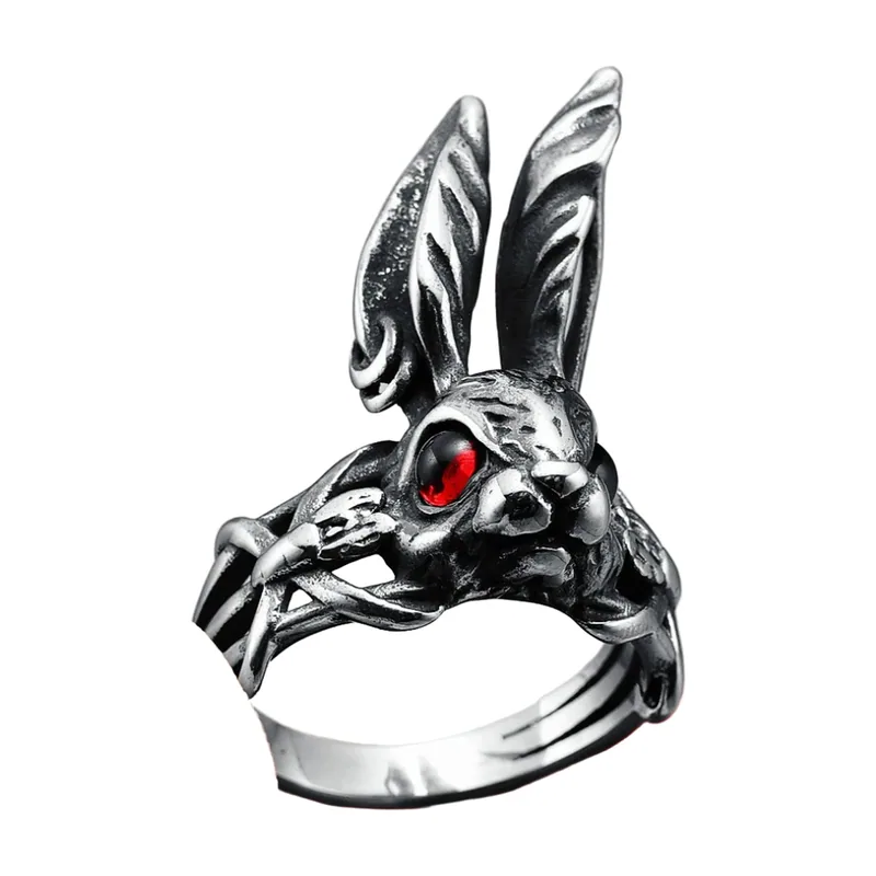 Hasenkopf Statement-Ring mit roten Steinen, Edelstahl