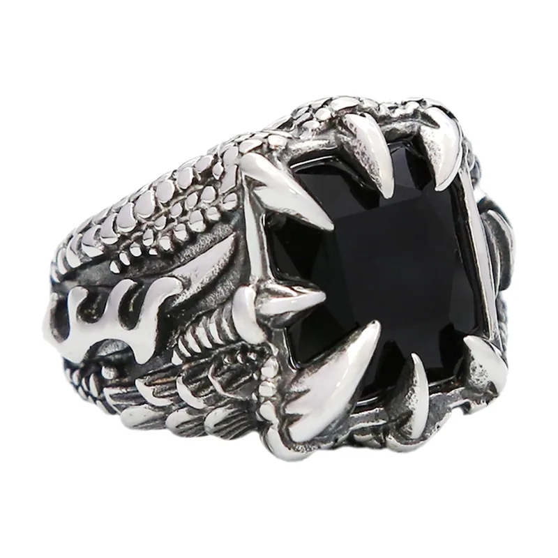Dragon Claw Ring with Black Stone, Stainless Steel