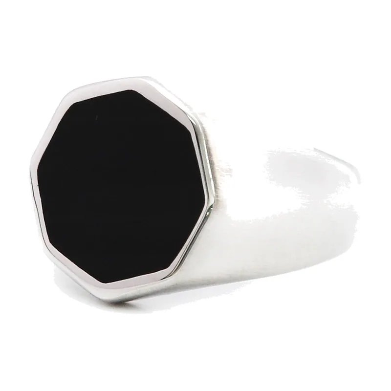 Octagonal Signet Ring with Black Stone, Stainless Steel