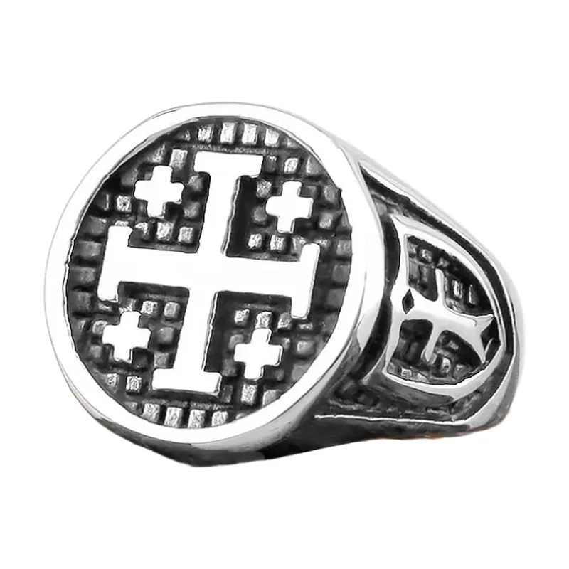 Round Signet Ring with Cross Motif, 316L Stainless Steel