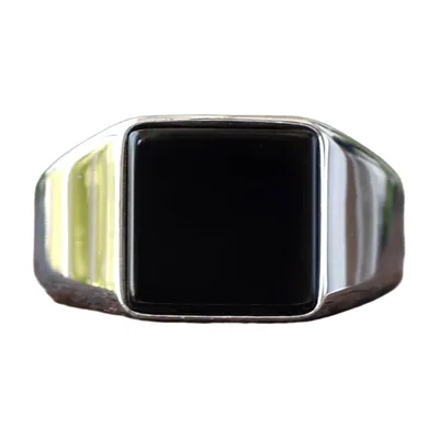 Anillo Sello Cuadrado con Circonita Negra, Acero Inoxidable