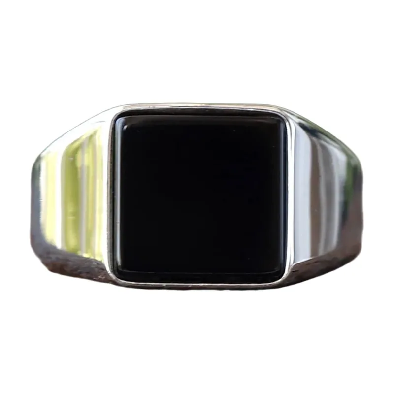 Chevalière Carrée avec Zircone Noire, Acier Inoxydable