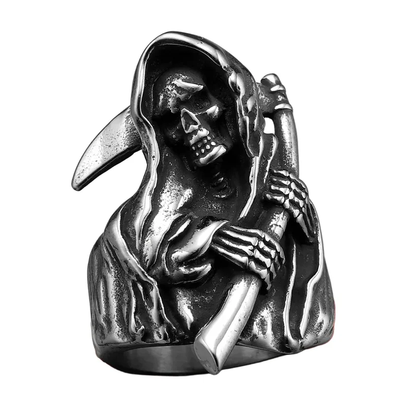 Sensenmann Totenkopf-Ring mit Sense, Edelstahl