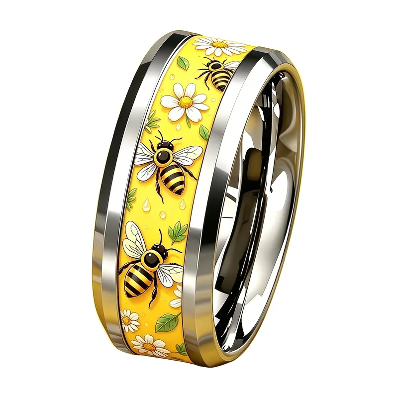 Herren Ring mit Bienen- und Gänseblümchen-Motiv, Edelstahl
