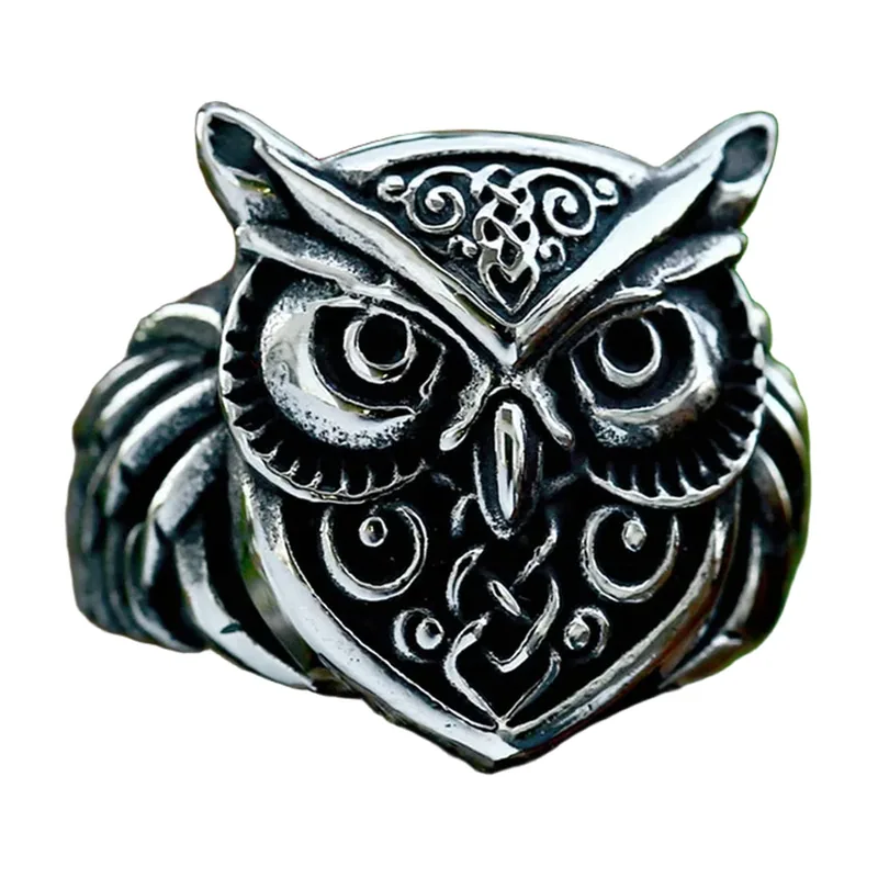 Owl Statement Ring with Intricate Engravings, Stainless Steel