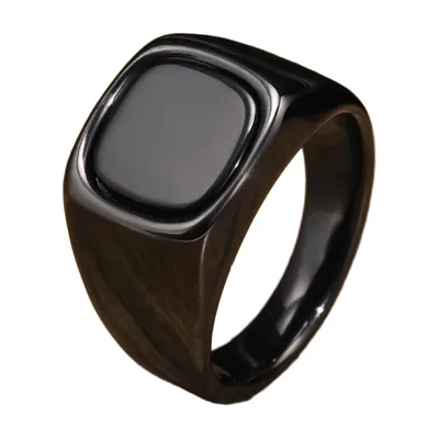 Anillo Sello Cuadrado con Piedra Negra, Acero Inoxidable