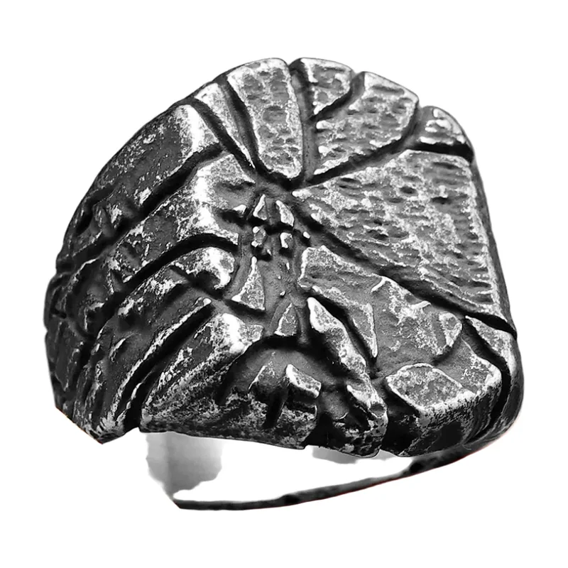 Chevalière à Texture Craquelée, Acier Inoxydable 316L Antique