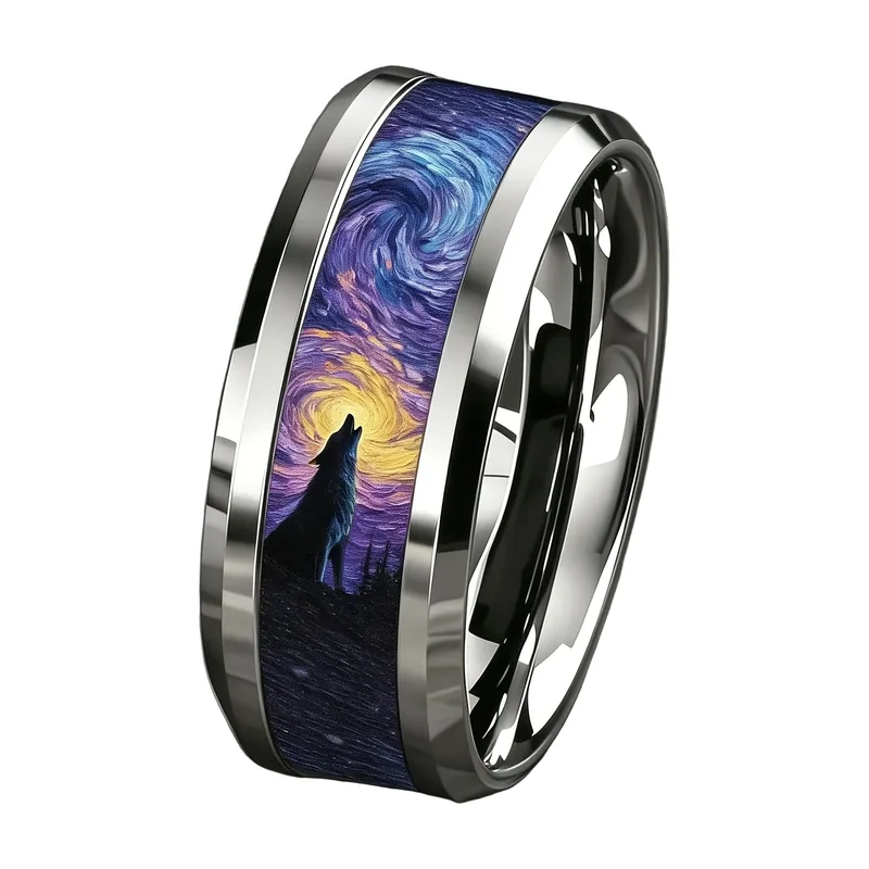 Heulender Wolf Ring mit Nachthimmel-Motiv, 316L Edelstahl
