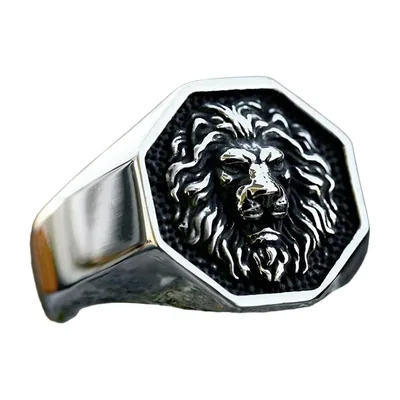 Anillo Sello Octogonal de Cabeza de León, Acero Inoxidable