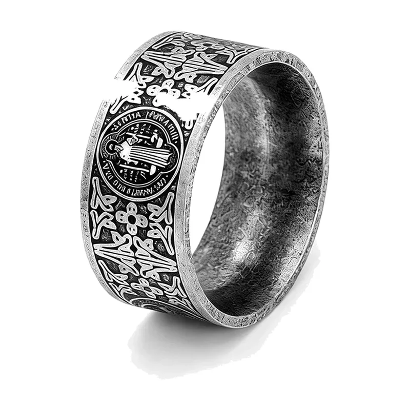 Bague Saint Benoît avec Croix et Médaillon, Acier Inoxydable