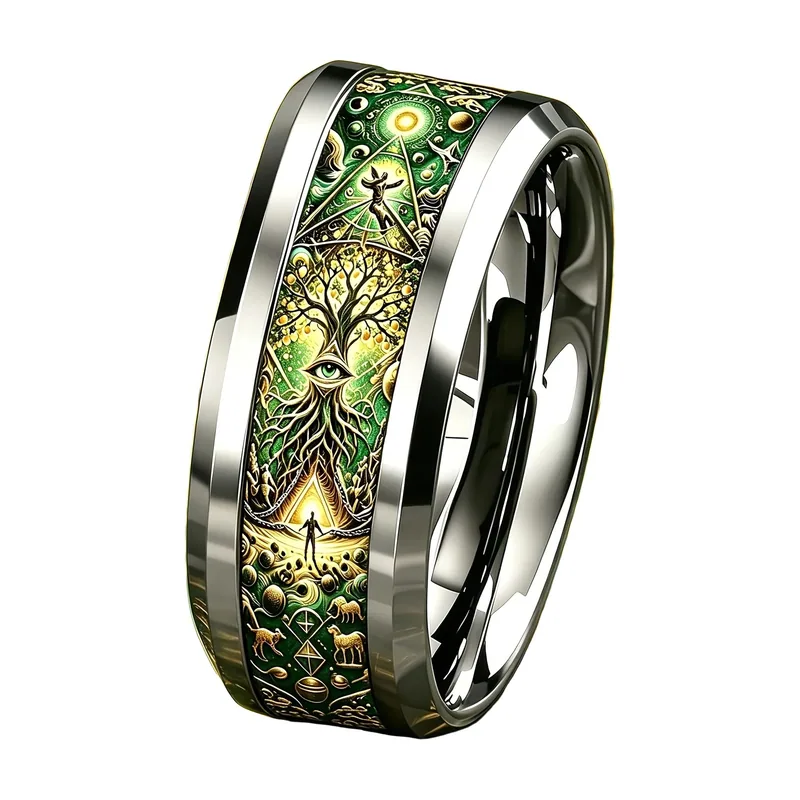 Lebensbaum Ring mit esoterischen Symbolen, Edelstahl