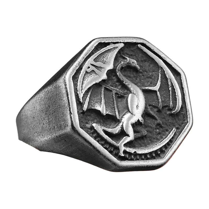 Chevalière Octogonale au Motif Dragon, Acier Inoxydable