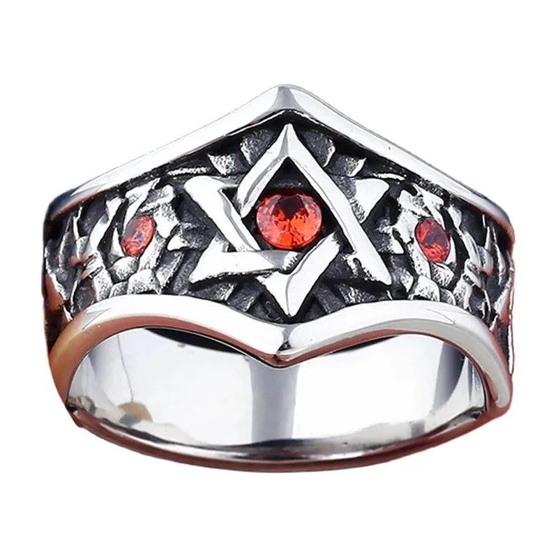 Biker Stern-Ring mit roten Steinen, 316L Edelstahl