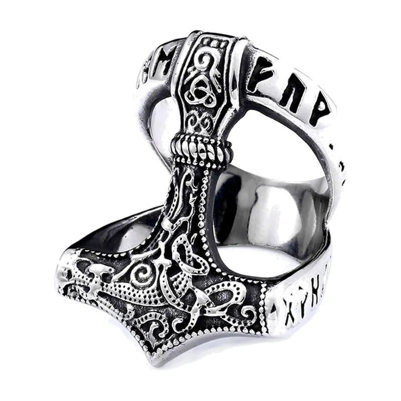 Mjölnir Thors Hammer Ring mit nordischen Runen, Edelstahl