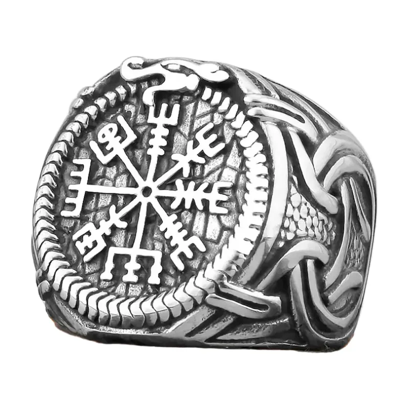 Anello Sigillo Vegvisir Bussola Vichinga con Rune, Acciaio Inossidabile
