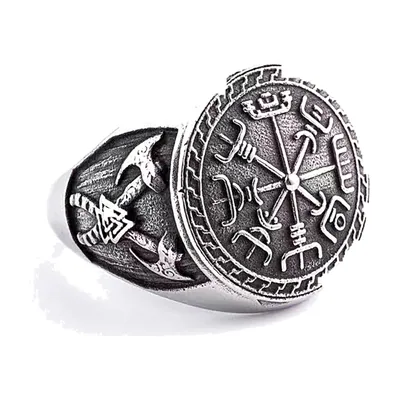 Viking Vegvisir Signet Ring with Axe Motifs, Stainless Steel