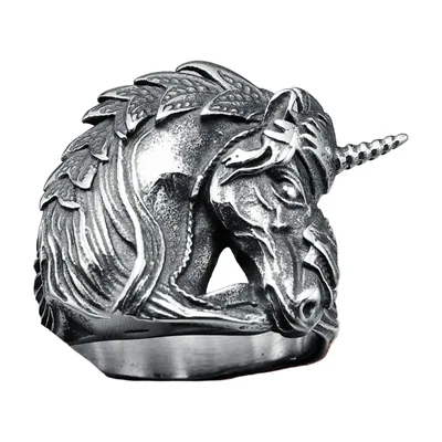 Anillo de Cabeza de Unicornio, Acero Inoxidable 316L Acabado Antiguo