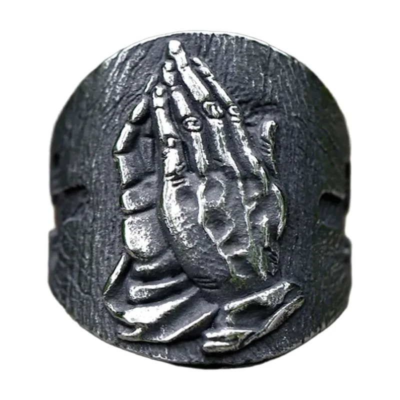 Bague Mains Priantes en Acier Inoxydable 316L, Finition Antique