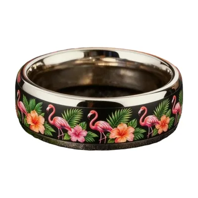 Tropical Ring with Flamingo and Palm Leaf, Stainless Steel