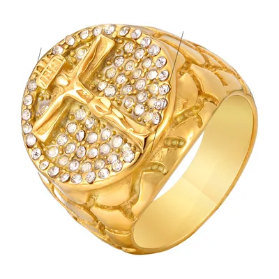 Herren Siegelring mit Kreuz und Zirkonia, goldfarbener Edelstahl