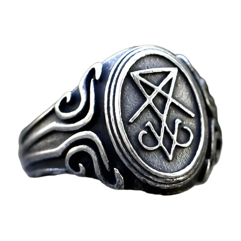 Herren Siegelring Lucifer mit Okkult-Symbol, Edelstahl