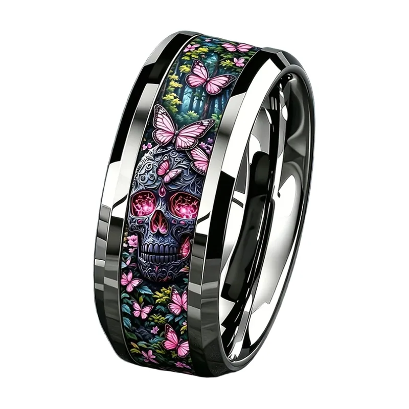 Anello Teschio e Farfalla con Pietre Rosa, Acciaio Inossidabile