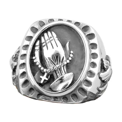 Bague Chevalière Mains en Prière et Croix, Acier Inoxydable