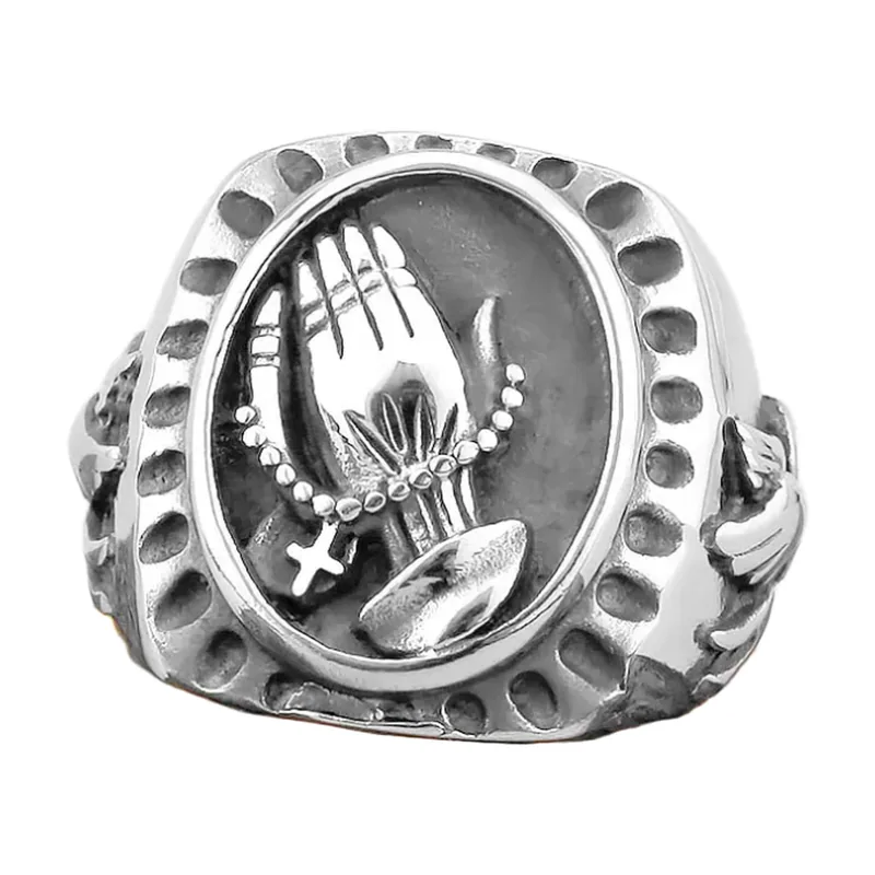 Bague Chevalière Mains en Prière et Croix, Acier Inoxydable