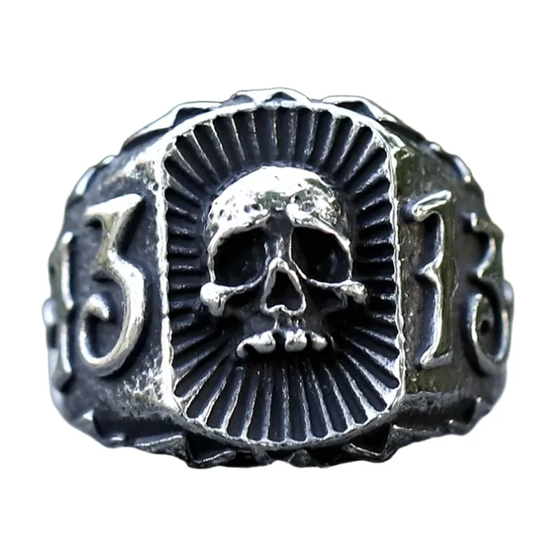 Anello Sigillo con Teschio e Dettagli Numerici, Acciaio Inox