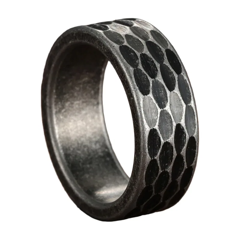 Bague à facettes martelées pour homme, Acier Inoxydable