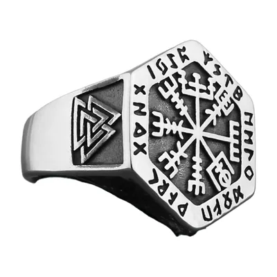 Anello Siginetto Esagonale con Vegvisir e Valknut, Acciaio Inossidabile
