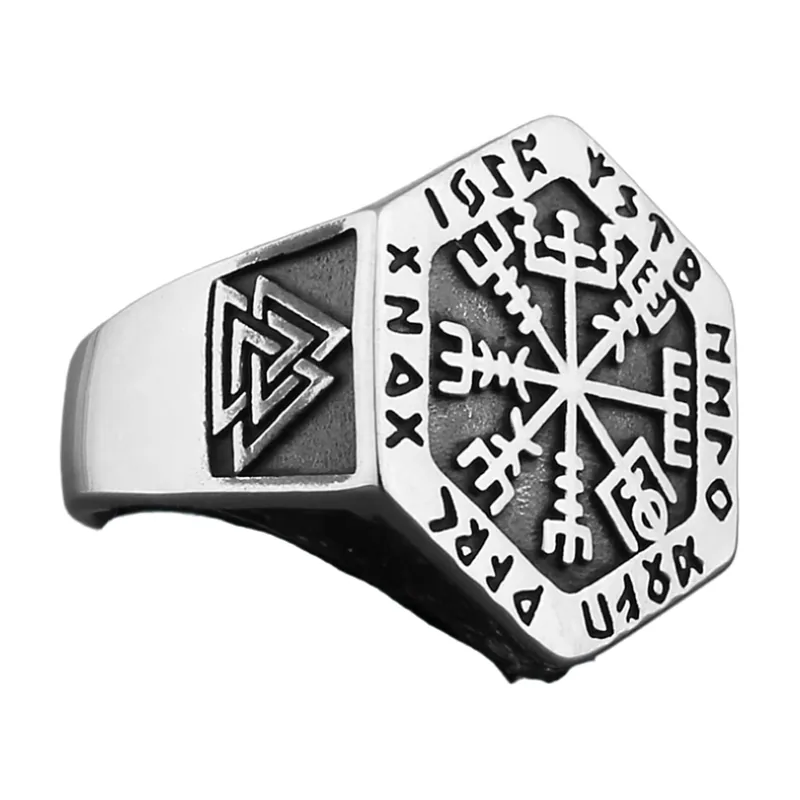 Bague Chevalière Hexagonale Vegvisir et Valknut, Acier Inoxydable