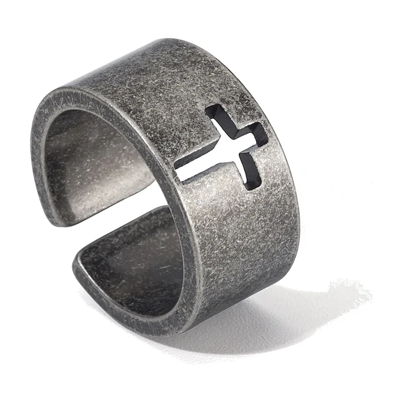 Kreuz-Ring mit Cut-Out Design, Antik-Edelstahl
