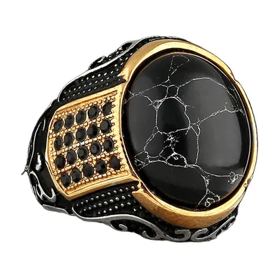 Anello Sigillo Gotico con Pietra Nera e Ornamenti, Acciaio Inox