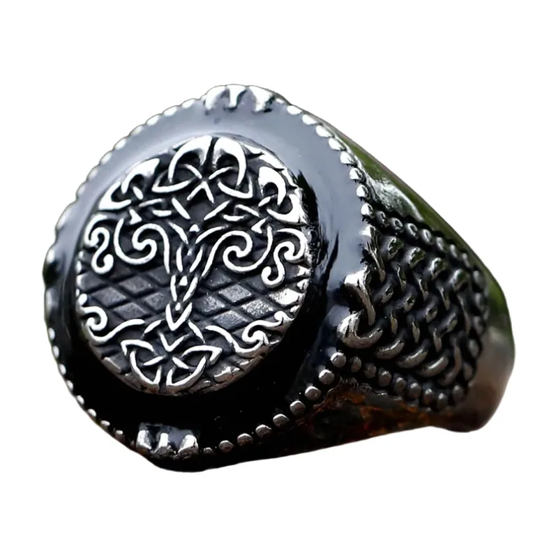 Yggdrasil Weltenbaum Ring mit keltischen Knoten, Edelstahl