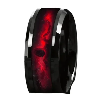 Galaxy Ring with Red Nebula Inlay, Stainless Steel