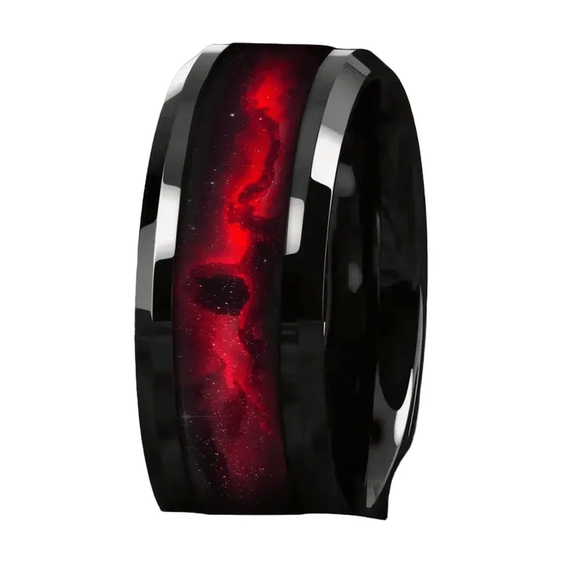 Bague Galaxie avec Incrustation Nébuleuse Rouge, Acier Inoxydable