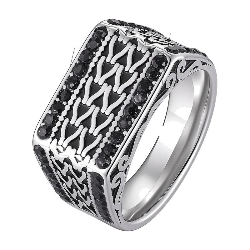Quadratischer Siegelring mit schwarzen Zirkonia, Edelstahl
