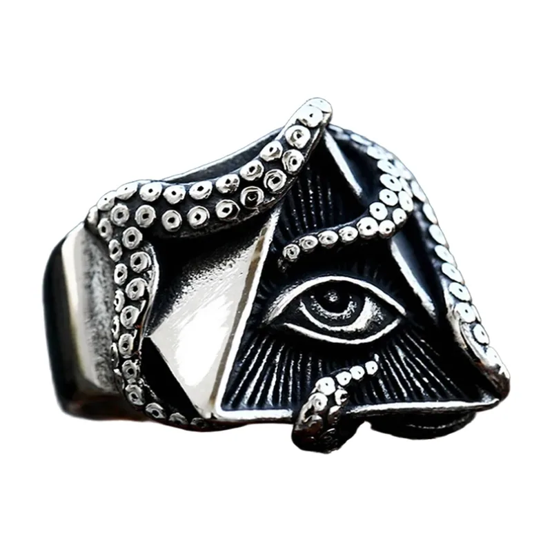 Eye in Triangle Ring with Octopus Tentacles, Stainless Steel