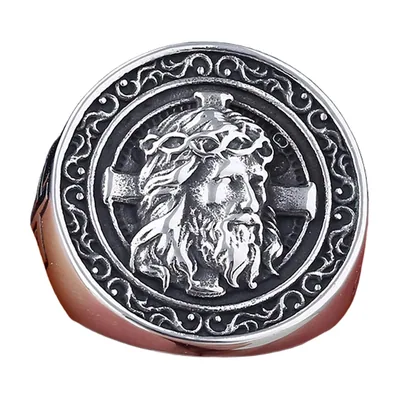 Anillo Sello con Rostro de Jesús y Cruz, Acero Inoxidable 316L