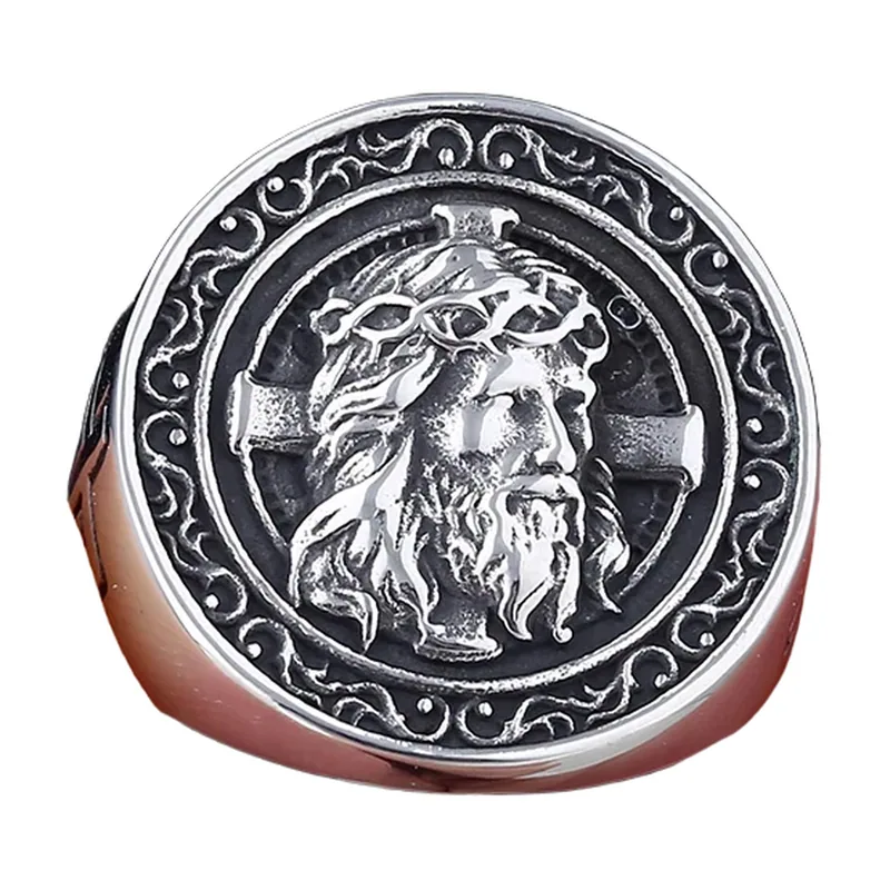 Anillo Sello con Rostro de Jesús y Cruz, Acero Inoxidable 316L