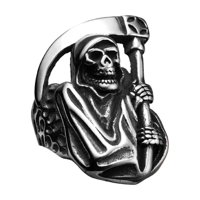 Anillo de la Parca con Guadaña y Calavera, Acero Inoxidable