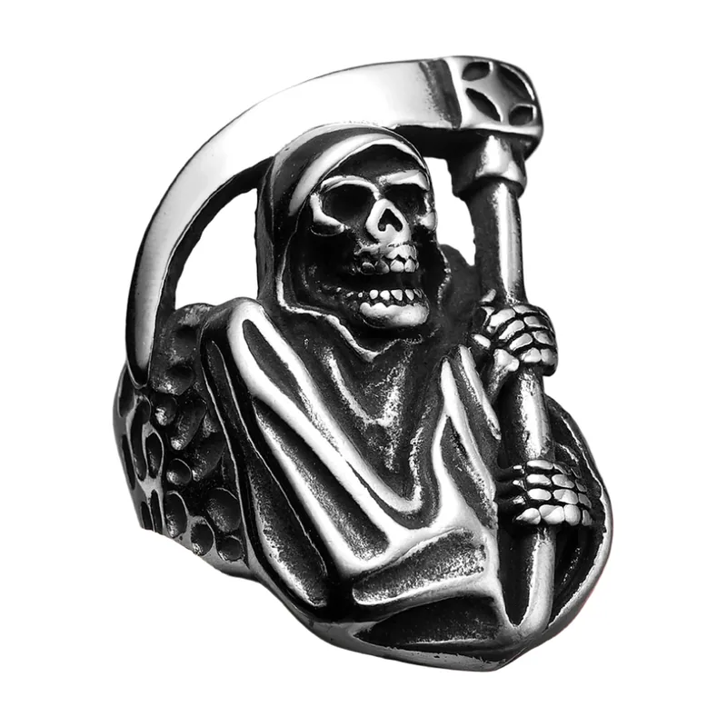 Sensenmann Ring mit Totenkopf und Sense, Edelstahl