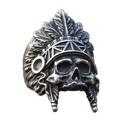 Anillo de Calavera con Tocado Nativo Americano, Acero Inoxidable